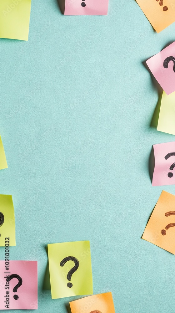 Poster creative brainstorming with colorful sticky notes and question marks on a vibrant background invitin