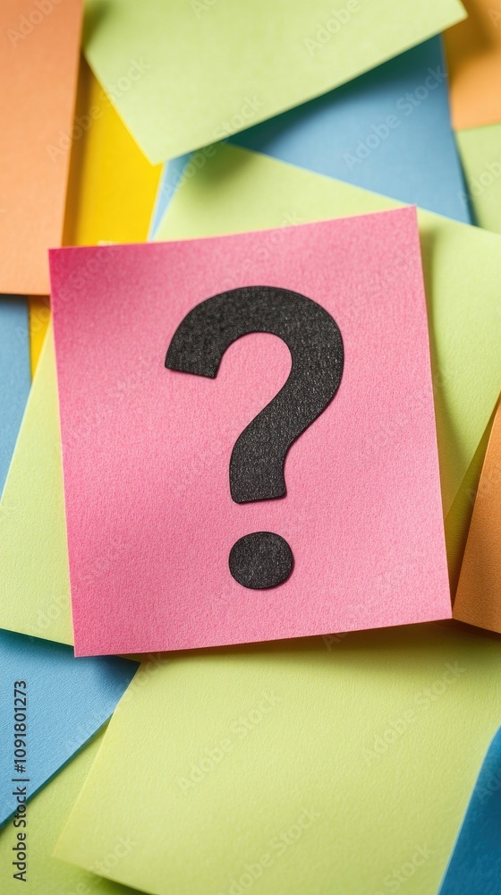 Poster colorful sticky notes piled on a table with a prominent question mark symbol inviting curiosity and 