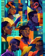 Black men and women engrossed in reading, promoting literacy and celebrating the joy of books.