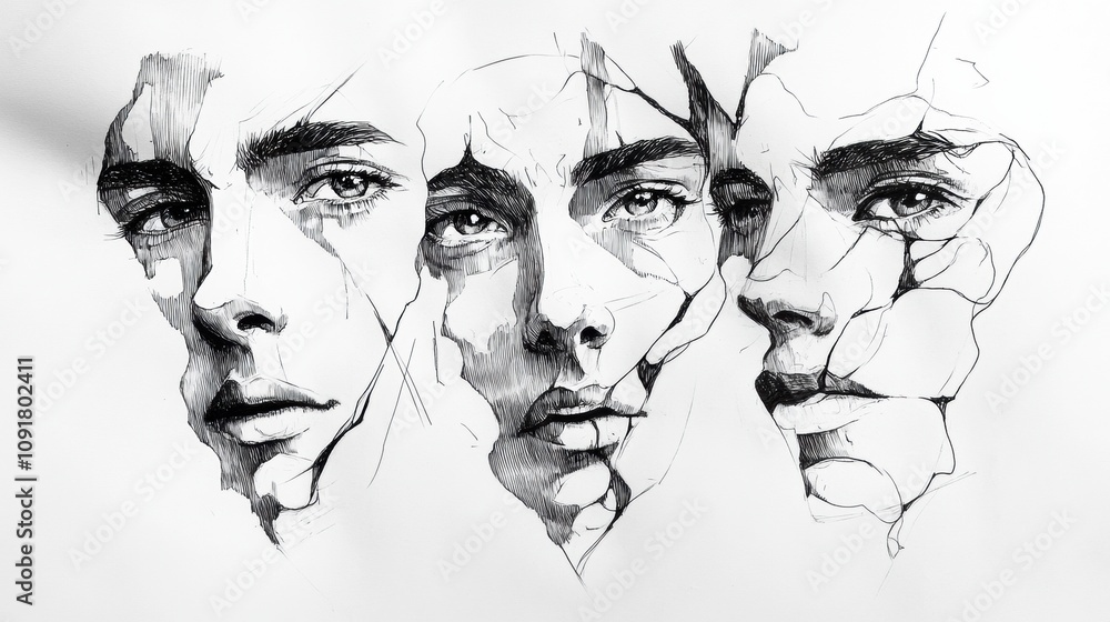 Poster Three faces emerge from a textured background, each conveying distinct emotions through bold shadows and delicate line details. Generative AI