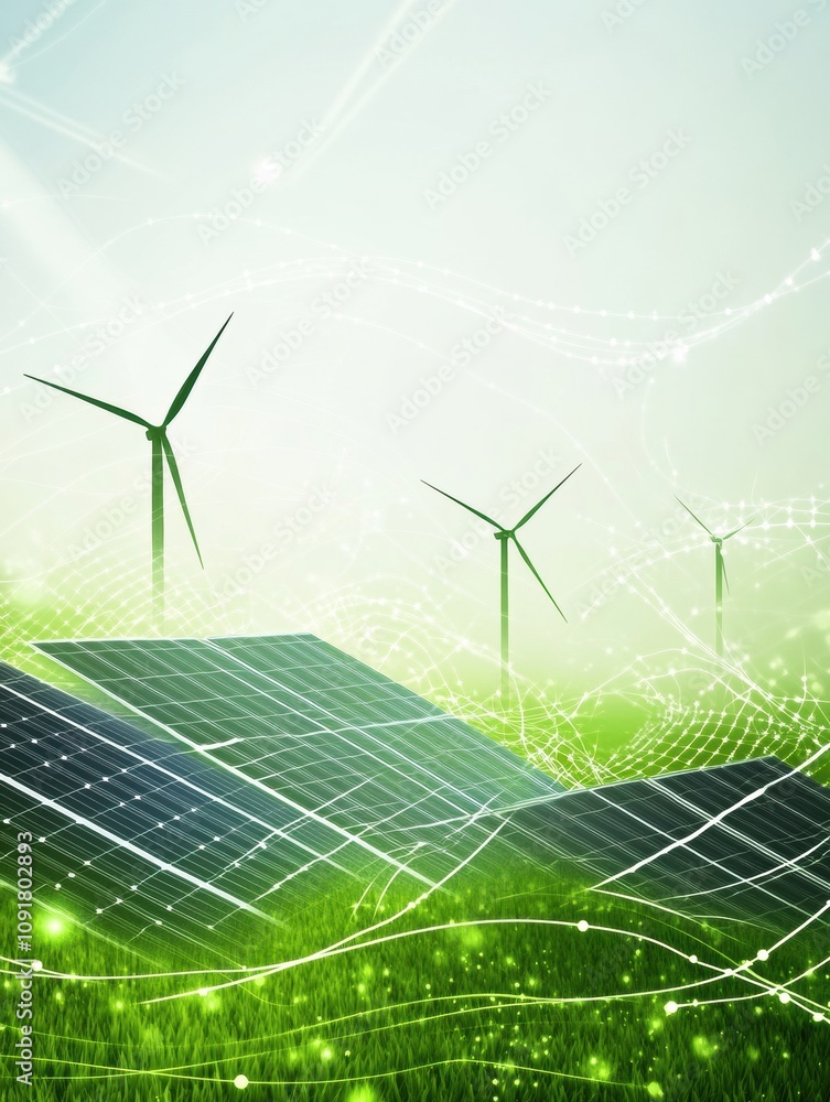 Aufkleber Solar panels and wind turbines are set against a minimalistic background with abstract green patterns, highlighting sustainable energy production. Generative AI