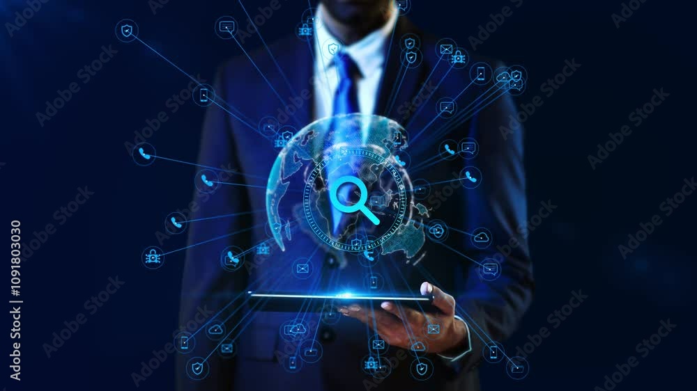 Poster hand holding futuristic worldwide business networking security system and business industry machine 