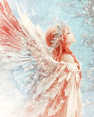Naklejka premium A serene fairy with stunning wings stands gracefully in a snowy scene.