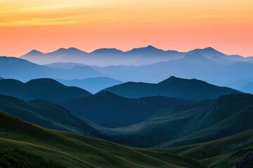 Vibrant sunset casts brilliant colors over layered mountain peaks, creating a tranquil atmosphere in a picturesque valley setting. Generative AI