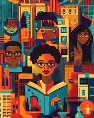 Young Black woman reading against a vibrant cityscape backdrop with diverse faces.