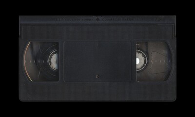 Obraz premium VHS old cassette front side, isolated video tape with clear area for mockup on black background in retro Y2K style