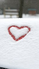 Fototapeta premium Heartwarming love in the snow on a winter's day with a red car and a cozy garden backdrop
