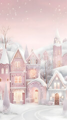 Fototapeta premium A picturesque winter village illuminated with pastel colors under soft snowfall.