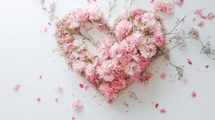 Fototapeta premium A charming heart-shaped floral arrangement of pink carnations and delicate wildflowers, gracefully scattered on a clean white background, creating a soft, romantic atmosphere.