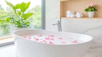 Fototapeta premium Modern Bathroom with Rose Petals in a Luxurious Bathtub