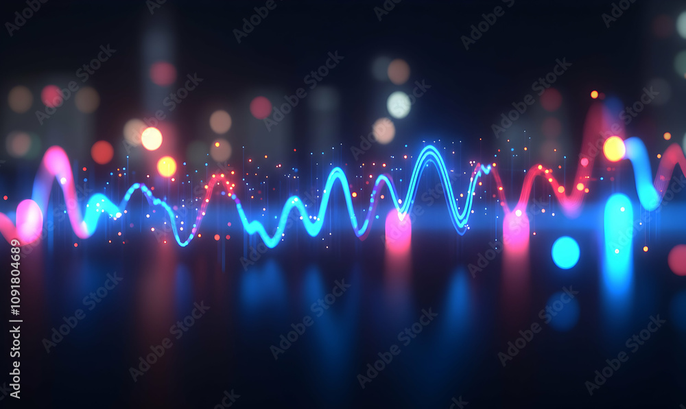 Poster abstract glowing waveform data visualization against a blurred city backdrop. perfect for technology