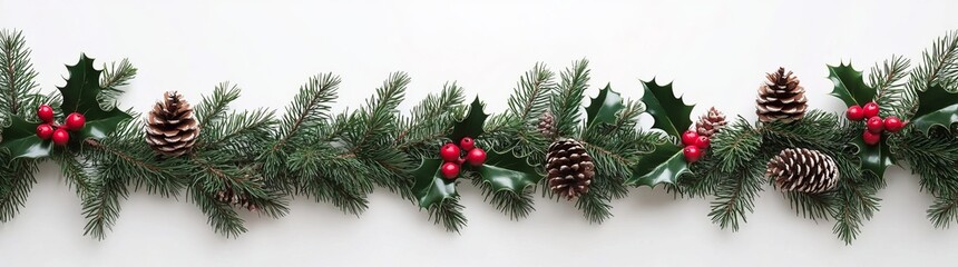 A cheerful Christmas garland adorned with pine cones, green needles, and red berries, ideal for holiday decor and seasonal festivities.