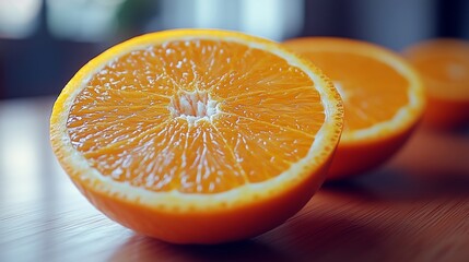 Freshly Sliced Oranges Displayed on Wooden Table Surface
