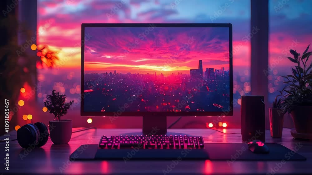 Poster a powerful desktop computer on a clean desk with a vibrant sunset background on the monitor