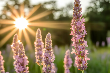 Obraz premium Lavender flowers bathed in the golden light of a setting sun, creating a serene and peaceful atmosphere.