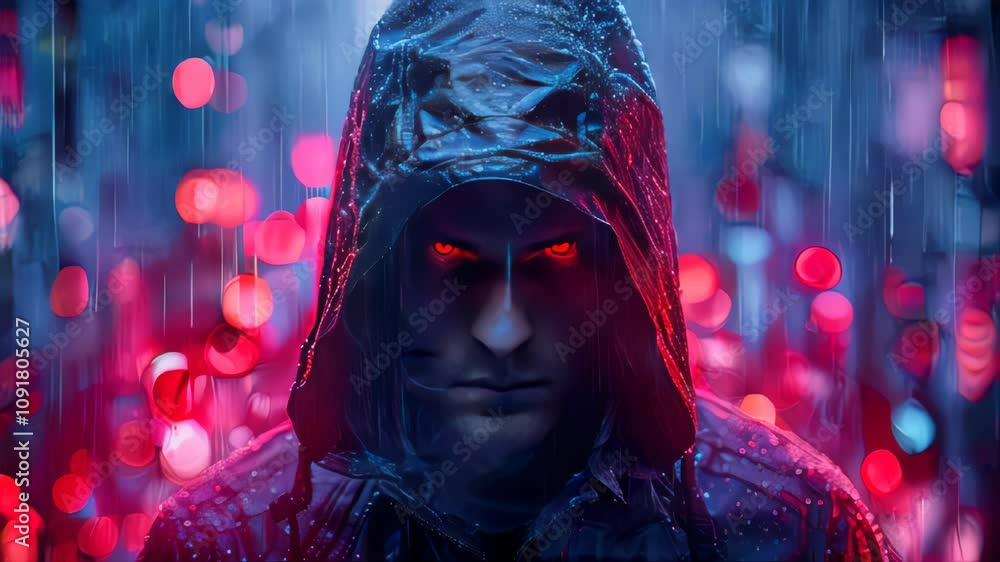 Poster hacker computer cybercriminal criminal with a jacket and a hood on the background of a big city at n