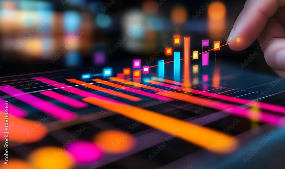 Poster abstract close-up of a finger interacting with vibrant financial data displayed on a digital device,
