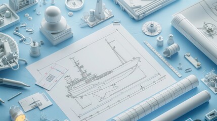 A marine architect's drafting area with ship blueprints, scale models, and technical equipment on a light blue background
