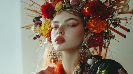 A model in an extravagant circus-inspired outfit