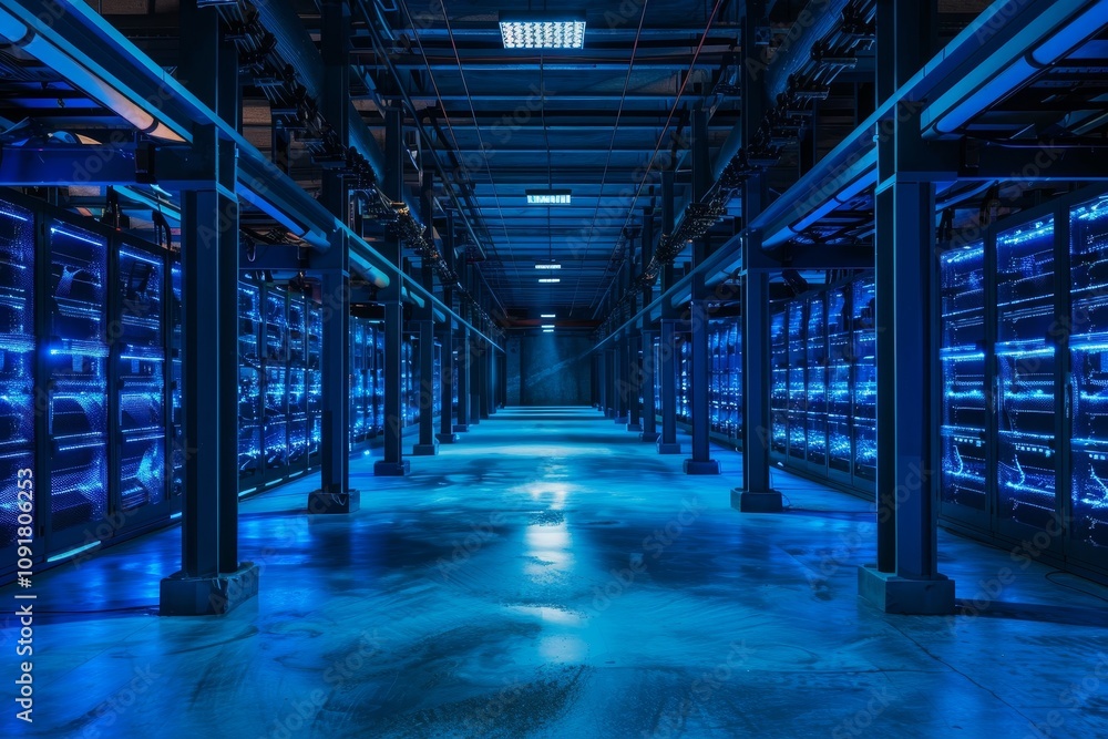 Poster a spacious server room features rows of illuminated server racks glowing in blue light, highlighting