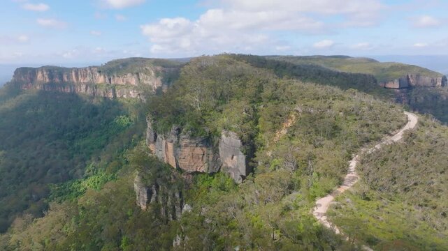 Drone aerial footage of the scenic Narrow Neck Plateau and Peninsula located between Jamison Valley and Megalong Valley near Katoomba in the Blue Mountains in New South Wales, Australia.