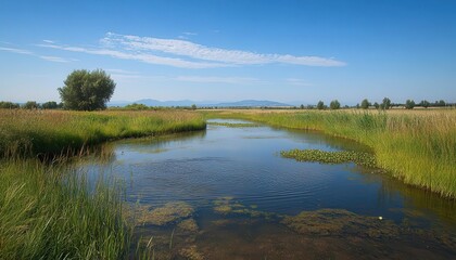Obraz premium A wetland area created on a farm for wildlife support, Natural Habitat, Safe and biodiverse