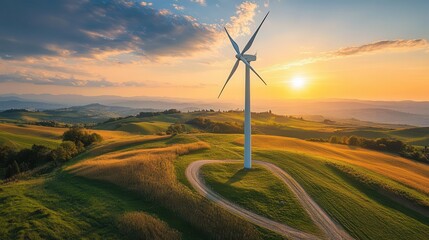 Obraz premium A wind turbine on farmland providing renewable energy, Sustainable Power, Green and efficient