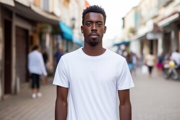 Fototapeta premium A man wearing a white shirt stands in front of a busy street
