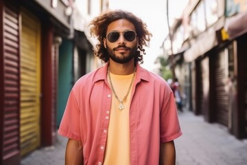 Fototapeta premium A man wearing a pink shirt and sunglasses stands in front of a building