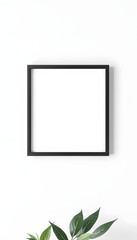 Black squared frame hanging on a white wall mockup 3D rendering isolated with white highlights, png
