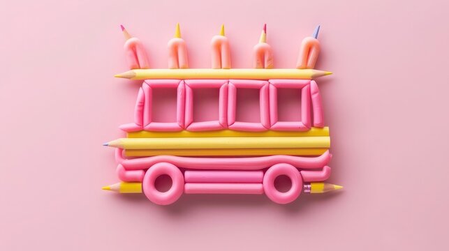 recommend clip art: A series of pink and yellow pencils crafted to form a fun party-themed school bus, complemented by a festive outline on a light pink background