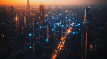 Obraz premium Smart digital Innovation Business skyscrapers in the Financial District with connection network reciprocity over the cityscape. of future smart wireless digital city and social media networking