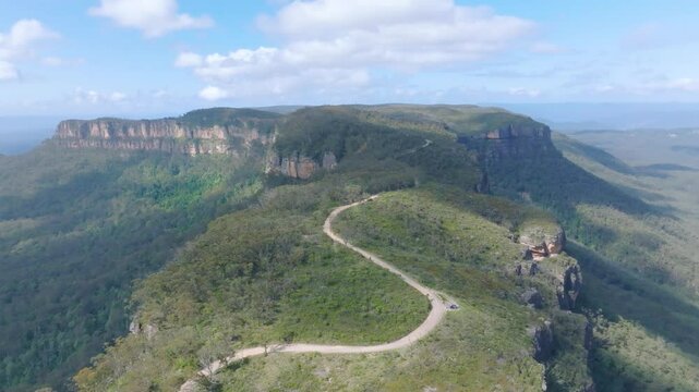 Drone aerial footage of the scenic Narrow Neck Plateau and Peninsula located between Jamison Valley and Megalong Valley near Katoomba in the Blue Mountains in New South Wales, Australia.