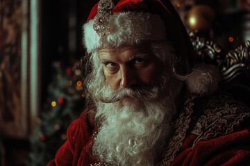 Obraz premium A serious Santa Claus with a long white beard and mustache in a red suit sits in a chair looking directly at the camera.