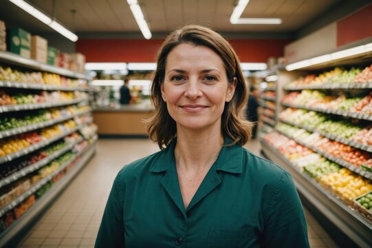 Close portrait of a smiling 40s Luxembourgish female grocer standing and looking at the camera, Luxembourgish grocery store blurred background
