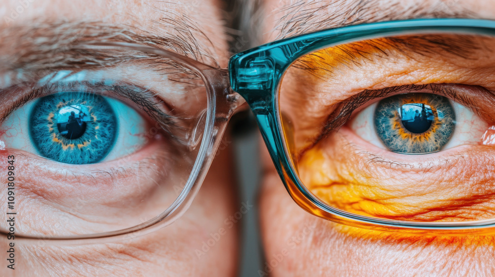Poster myopia. a close-up of two pairs of eyes, showcasing differences in color and glasses, highlighting t