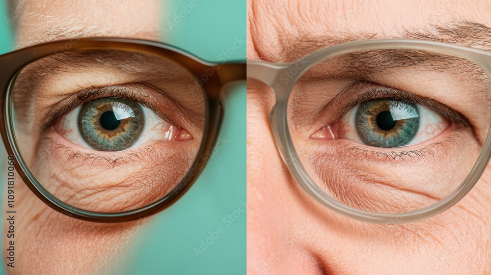 Poster myopia. close-up of two eyes with glasses, showcasing different styles and colors, emphasizing the d