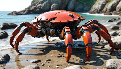 Fototapeta premium A massive robotic crab, claws made of massive gears, crawling along a rocky shore, Generative AI