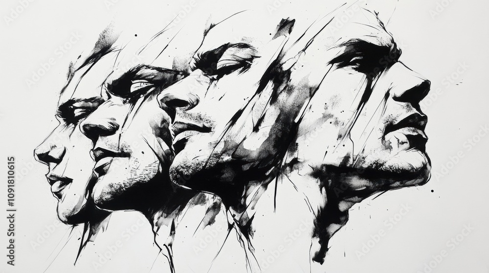 Poster four distinct faces capture a range of emotions, illustrated with striking black and white ink. the 