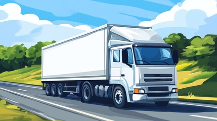 White Delivery Truck on a Scenic Highway with Lush Greenery and Clear Blue Sky in a Cartoon Style Illustration