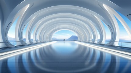 Fototapeta premium Futuristic Corridor with Curved White Arches and Reflective Floor, Overlooking a Mountainous Seascape 