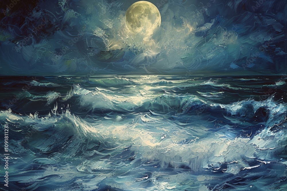 Poster waves crash dynamically against each other, sparkling with reflections from a full moon in a dramati