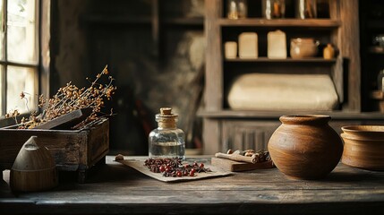 Fototapeta premium Rustic apothecary setup with dried herbs and vintage jars