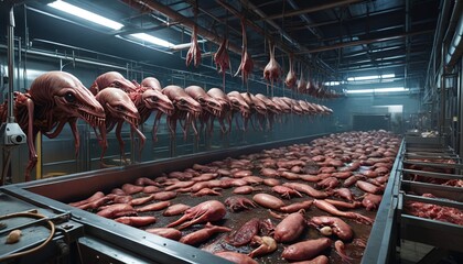 Aliens handling animal carcasses in a rotting meat factory, surrounded by stench and unsanitary equipment, Generative AI