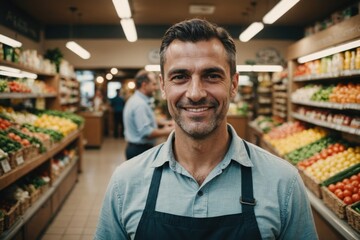 Fototapeta premium Close portrait of a smiling 40s Montenegrin male grocer standing and looking at the camera, Montenegrin grocery store blurred background