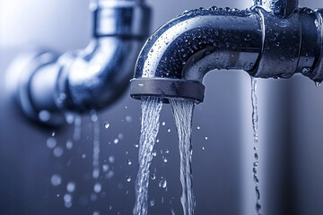 Leaking pipe with water splash in emergency