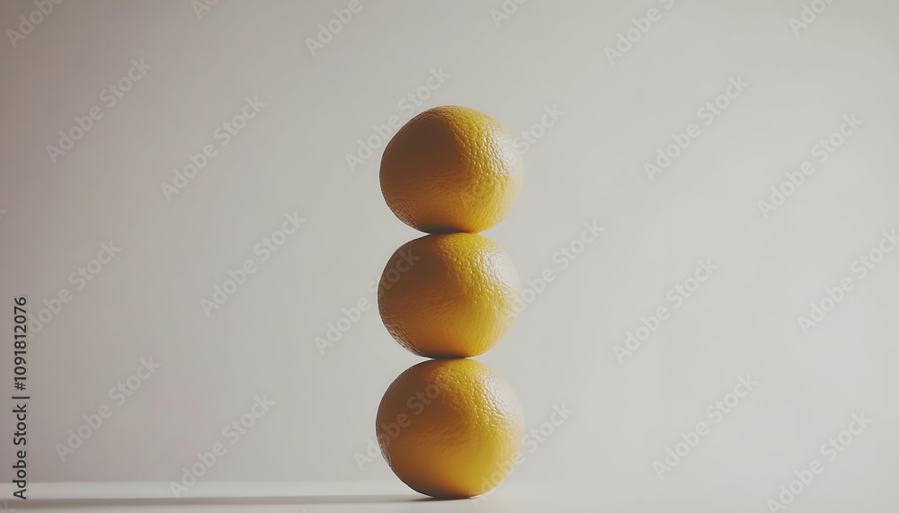 Poster three ripe oranges meticulously stacked against a muted background, creating a visually appealing an
