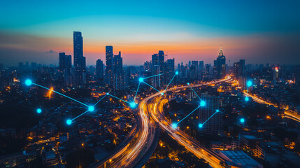 Obraz premium Smart digital Innovation Business skyscrapers in the Financial District with connection network reciprocity over the cityscape. of future smart wireless digital city and social media networking