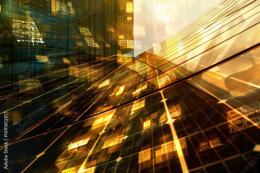 Poster modern digital abstraction showcasing vibrant golden colors and dynamic grid patterns in a futuristi