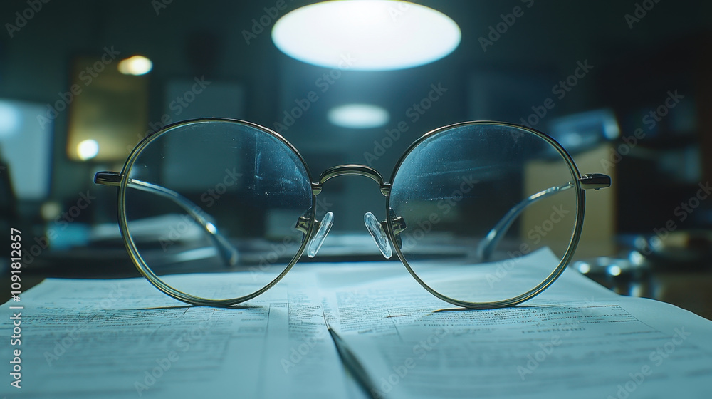 Poster myopia. a pair of round glasses rests on an open book, illuminated by a soft overhead light, creatin